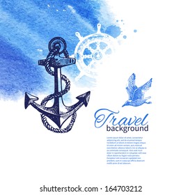 Travel vintage background. Sea nautical design. Hand drawn sketch and watercolor illustrations	