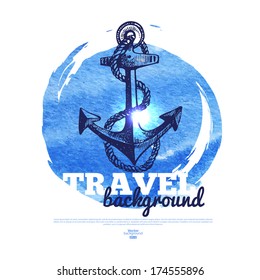 Travel vintage banner. Sea nautical design. Hand drawn sketch and watercolor illustration