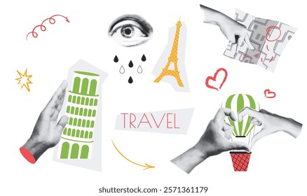 Travel vintage collage conception set in retro halftone design. Collection with hands leaning Pisa tower, eye looks at Eiffel tower, hand pointing at route map or hot air balloon. Vector illustration.