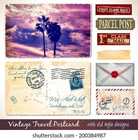 Travel Vintage Postcard Design with antique look and distressed style. Includes a lot of paper elements and postage stamps.