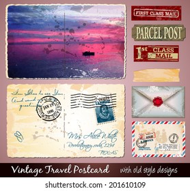 Travel Vintage Postcard Design with antique look and distressed style. Includes a lot of paper elements and postage stamps.