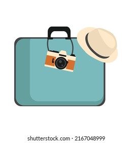 Travel Vintage Suitcase, camera and hat. Elements for your Travel design. Flat vector illustration.