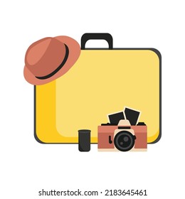 Travel Vintage Suitcase, camera and hat isolated on the white background. Elements for your Travel design. Flat vector illustration.