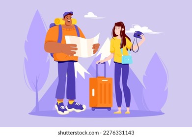 Travel violet concept with people scene in the flat cartoon design. A young couple with suitcases go on a long trip. Vector illustration.
