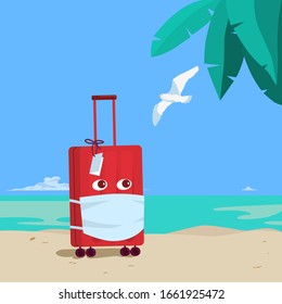 Travel virus protection concept. A suitcase with a protective mask on its face against a tropical landscape. Sea, palm tree, sand, seagull, turquoise water. Vector illustration in a flat style.
