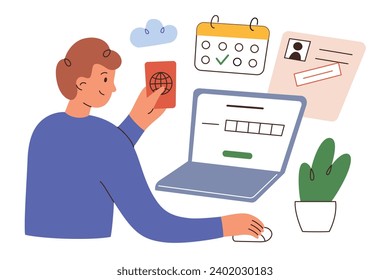 Travel visa online, application form on website, man making documents for trip on computer, hand drawn composition with laptop, calendar, passport, vector illustration of planning vacation