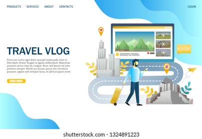 Travel vlog vector website template, web page and landing page design for website and mobile site development. Video blogging concept.