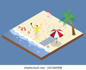 Travel vlogger isometric 3d vector concept for banner, website, illustration, landing page, flyer, etc.