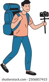 Travel vlogger records her travel activities while traveling. Flat colored vector illustration of influencer isolated on white background