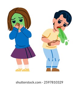 travel vomit kid  vector.  illness flu, stomach upset, food poisoning travel vomit kid character. people flat cartoon illustration