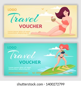 Travel voucher design template. Beautiful women on a tropical beach.  Summer water activities. Women relaxing at the beach. Summer sale banner. Vector illustration