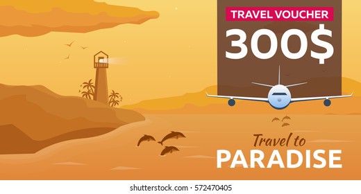 Travel voucher. Sea travel. Summer time. Sea background with waves, lighthouse and dolphins. Vector flat illustration