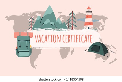 Travel voucher template design. Backpack, lighthouse, mountains and tent background. Banner, shop coupon, certificate or flyer layout. Stock vector
