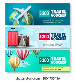 Travel voucher template vector set. Travel and tour gift voucher collection promo with travel elements and travel text for promotions. Vector illustration.
