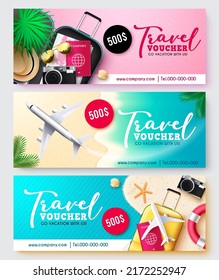 Travel voucher vector banner set. Travel voucher text collection in discount coupon design with worldwide tourist vacation elements for travelling trip coupon. Vector illustration.
