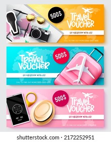 Travel voucher vector banner set design. Travel vacation voucher text collection with flight discount and travelling elements for tourist transportation promo. Vector illustration.
