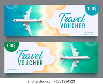 Travel voucher vector banner set. Travel voucher collection text with airplane flight element for gift check coupon advertisement promo design. Vector illustration.