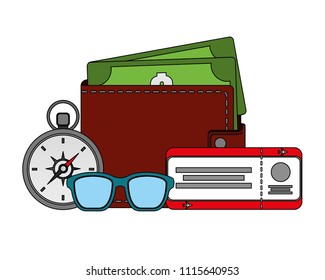 travel wallet money compass ticket and sunglasses