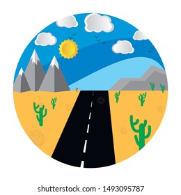 Travel wanderlust colorful cartoon landscape background, with perspective road, mountain, sun and clouds. Choose destination on the world and go. Graphic vector illustration, desert theme and cactus