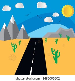 Travel wanderlust colorful cartoon landscape background, with perspective road, mountain, sun and clouds. Choose destination on the world and go. Graphic vector illustration, desert theme and cactus