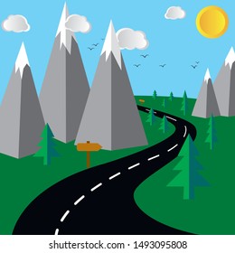 Travel wanderlust colorful cartoon landscape background, with perspective road, mountain, sun and clouds. Choose destination on the world and go. Graphic vector illustration, green theme