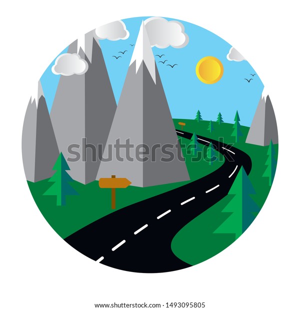 Travel\
wanderlust colorful cartoon landscape background, with perspective\
road, mountain, sun and clouds. Choose destination on the world and\
go. Graphic vector illustration, green\
theme