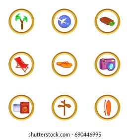 Travel to warm country icons set. Cartoon set of 9 travel to warm country vector icons for web isolated on white background
