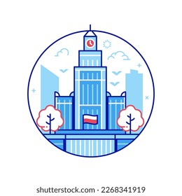 Travel Warsaw icon inspired by Palace of Culture and Science building. Thin line Poland capital tourist landmark circle emblem with downtown skyline view.