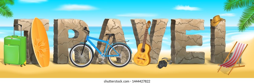 Travel web banner, advertising concept design background with bag, guitar, bicycle, travel letter, palm and beach vector illustration