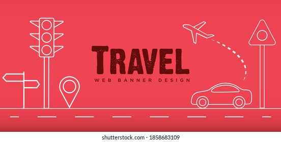 Diseño de banner web de viajes para el servicio de Taxi, planificación de viajes de vacaciones, guía de destino de viaje, ilustración vectorial de línea horizontal