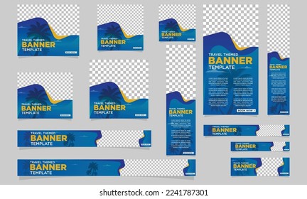 travel web banner templates with image placement places trendy and joyful themed with beach and sea concept horizontal square and vertical posts could be used as social media post website header cover