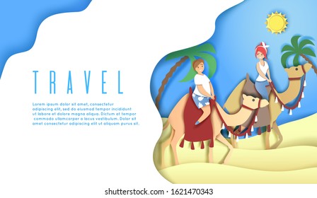 Travel web banner, website landing page template, vector illustration in paper art style. Happy women tourists riding camels. Summer vacation, beach holidays, beach camel ride.