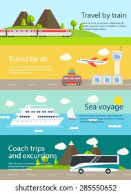 Travel Web Banners Set. With Airplane; Train; Bus; Ship. Travel By Train; Sea Cruise; Coach Trips And Excursions; Travel By Air Concepts