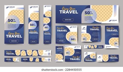 Travel web banners of standard size with a place for photos. Vertical, horizontal and square template