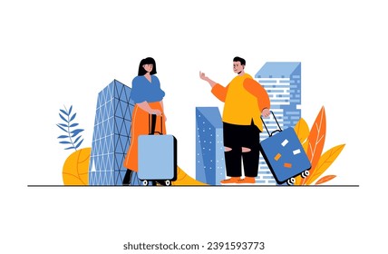 Travel web concept with people in flat cartoon design. Woman and man with suitcases go in vacation trip with sightseeing excursions. Vector illustration for social media banner, marketing material.