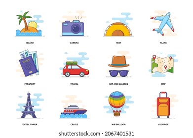 Travel web concept stroke flat line icons isolated set. Tourism vacation items bundle. Graphic linear symbols collection for website design. Vector conceptual pack outline pictograms for mobile app