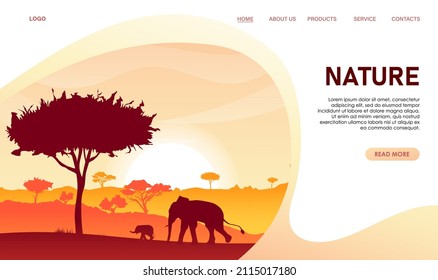 Travel web design of landscape. Concept of website about nature. African elephant silhouette, hills, acacias. Savannah. Tourism, natural explore, virtual adventure app banner. Vector illustration