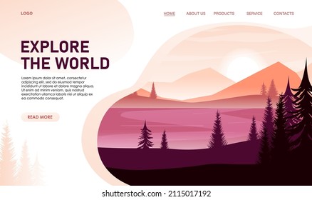 Travel web design of landscape. Concept of website about nature. River valley, view on hills, forest. Sunrise, sunset, dawn. Tourism, natural explore, online adventure app banner. Vector illustration