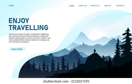 Travel web design of landscape. Concept of website about nature. Man silhouette on hill, mountain covered forest, wood. Tourism, natural explore, online adventure app banner. Vector illustration