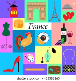 Travel - web  flat  icon set. Attractions, food and culture of France.