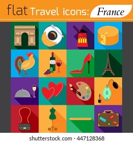 Travel - web flat  icon set. Attractions, food and culture of France.