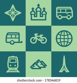 Juego de iconos web de viajes 2, juego de botones cuadrados verdes
