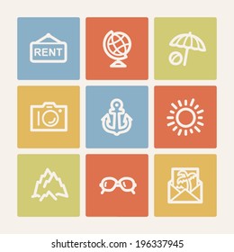 Travel web icon set 5, color square buttons