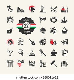 Travel - Web Icon Set. Attractions, Food And Culture Of Italy.