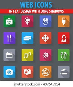 Travel web icons in flat design with long shadows