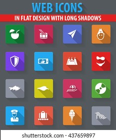 Travel web icons in flat design with long shadows