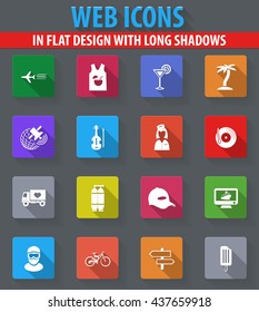 Travel web icons in flat design with long shadows