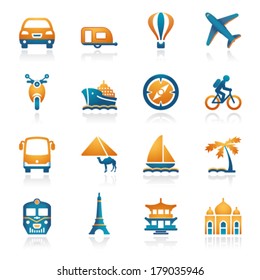 Travel web icons. Green orange series.