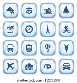 Travel web icons on glossy buttons.