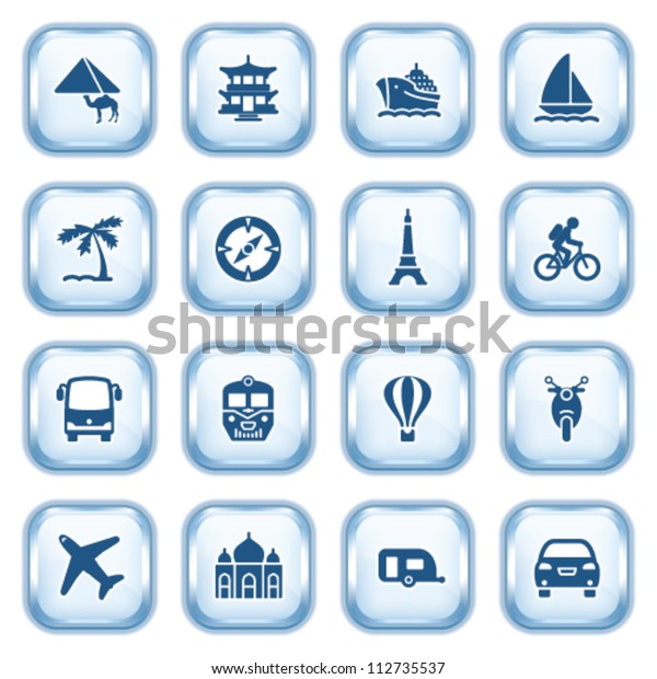 Travel web icons on glossy\
buttons.